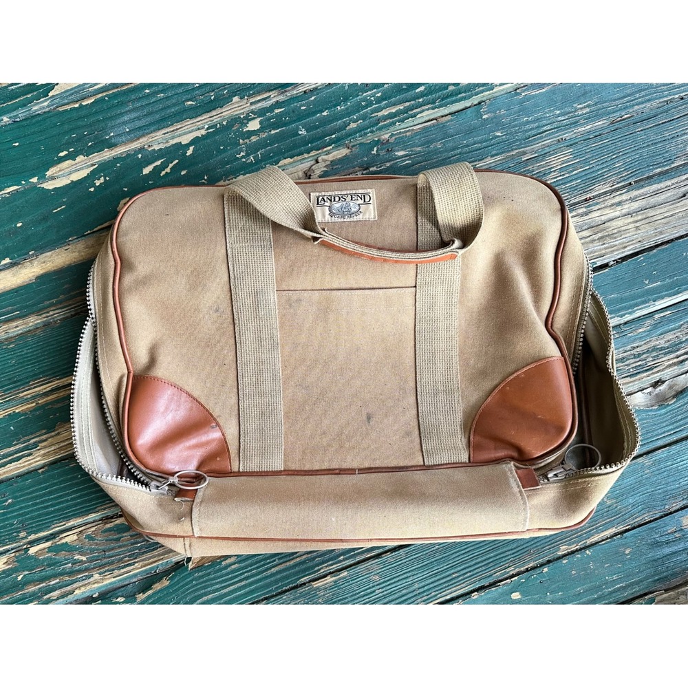 Vintage Lands End Square Rigger Canvas Leather Briefcase Tan Monogram SLS Bag